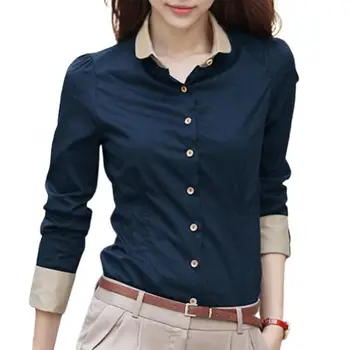 Ofis Bayan Gömlek Uzun Kollu Turn Down Yaka Bel Sıkı Gömlek Düğmeleri Bluz gömlekler kadınlar için moda Koyu Mavi xxxl