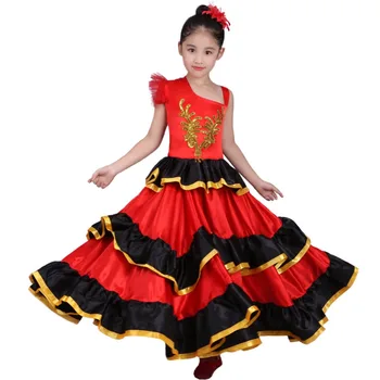 Çocuk Kız Kırmızı Oryantal Dans Elbise İspanyol Flamenko Kostüm Balo Salonu Tribal Elbise İle Kafa Çiçek