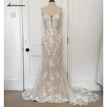 Lakshmigown V Boyun Dantel Aplikler Illusion Mahkemesi Tren düğün elbisesi 2023 Boho Mermaid / Trompet Gelin vestido branco sereia