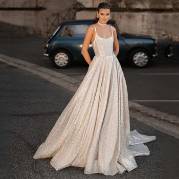 Eightre Beyaz Glitter Gelinlik Kolsuz Prenses gelinlik Cepli A-Line Düğün Akşam Balo Abiye Özel Boyut