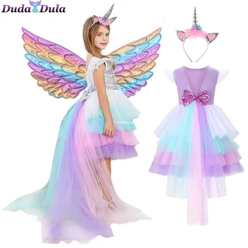 Yeni Yıl Elbiseleri 2022 Pullu Elbise Unicorn Parti Kız Elbise Kuyruk ile Çocuklar Prenses Renkli Doğum Günü Partisi çocuk Elbise