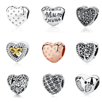 Orijinal 100 %925 Ayar Gümüş çekici boncuklar Aşk Anne Aile Ağacı Kalp Charms Fit Pandora Bilezikler Kolye Kadınlar DIY Takı