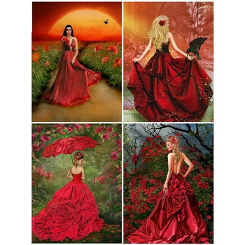 Portre Kırmızı Elbise Kadın Elmas Boyama Çapraz Dikiş 5D Dıy Tam Elmas Nakış Mozaik Sanat Ev Dekorasyon Duvar Resimleri