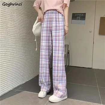 Pantolon Kadın Ekose Renkli Gevşek Öğrenciler Sevimli Kız Kawaii Ulzzang Şık Şık Cepler Yüksek Bel Düz Streetwear Yeni BF
