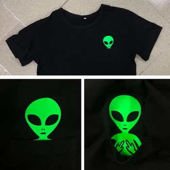 Orta Parmak Yeşil Alien Cep T-Shirt Komik 90s Hipster grafikli tişört Üst Unisex Kadın Kısa Kollu Siyah Yaz Tshirt