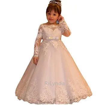 Çiçek Kız Elbise Zarif Şampanya Dantel Aplike Kolsuz Basamaklı Çocuk Pageant Törenlerinde Düğün İçin İlk Communion Elbise