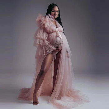 Yeni Tasarımcı Bir Omuz Tül hamile elbiseleri Uzun Kollu Ruffles Katmanlı Ön Yarık Şeffaf Fotoğraf Çekimi Gebelik Önlük