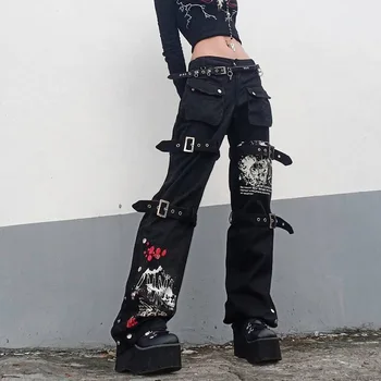 Kadın Moda Punk Goth Pantolon Düz Geniş Bacak Pantolon Harajuku Palazzo Pantolon Gevşek Sweatpants Joggers 90s Vintage Streetwear