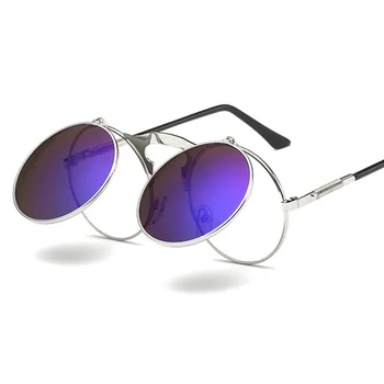 2022 Yeni Metal Yuvarlak Steampunk Güneş Gözlüğü Kadın Erkek Kare Çift Flip lens kapağı Punk UV400 güneş gözlüğü Temizle HD Degrade Gölge