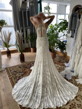 13909 # Zarif Dantel Aplikler Sütun Sweep Tren düğün elbisesi Klasik Halter Boyun Kolsuz gelin kıyafeti Suknia ślubna