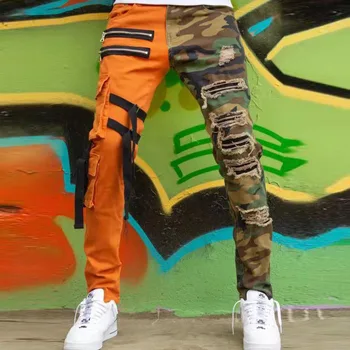 2022 Renk Bloğu Delik Yırtık Hip Hop Erkekler İnce Kargo Kot Pantolon Turuncu Kamuflaj Fermuar Askeri Kalem Kot Pantolon Spodnie