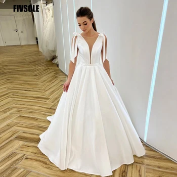 Fivsole Plaj Ayrılabilir Yay Sapanlar düğün elbisesi 2022 Kat uzunlukta Saten V Yaka Suudi Arabistan Vestidos De Novia gelinlikler