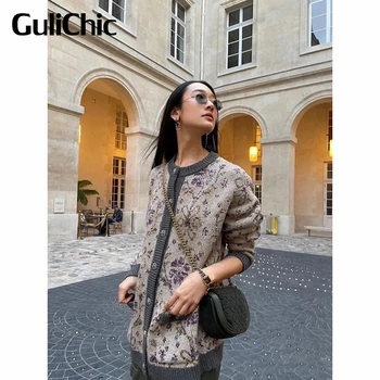 11.16 GuliChic Kadın Moda Çiçek Desen Örme Hırka Veya Ekip Boyun Kazak Kazak Veya Yüksek Bel Etek Seti
