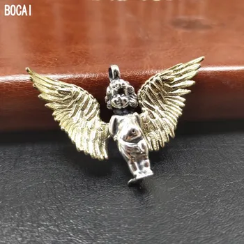 BOCAI Gerçek Saf s925 gümüş küçük melek Adam kolye kişiselleştirilmiş kazak zinciri aksesuarları basit öğrenci gelgit çift kolye
