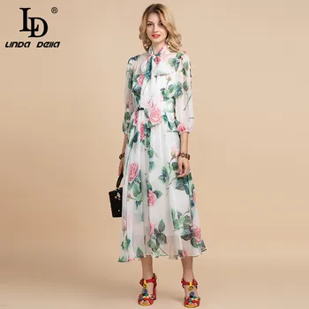 LD LINDA DELLA 2023 Moda Tasarımcısı Tatil yaz elbisesi kadın Yay Yaka Rahat Gül Çiçek Baskı şifon Midi Zarif Elbise