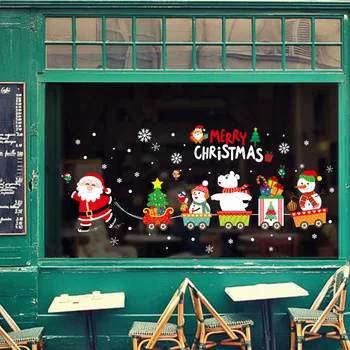 Noel Baba Çeker Tren Noel Duvar Sticker Cam Pencere İçin Ev Dekorasyon Duvar Çıkartmaları Duvar Kağıdı Yeni Yıl Çıkartmalar