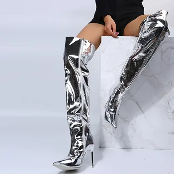 Seksi Gümüş Ayna Uyluk Yüksek Çizmeler Kadın T Gösterisi Sivri Burun Kulübü parti ayakkabıları İnce Yüksek Topuklu Diz Üzerinde Uzun Çizmeler Kadınlar İçin
