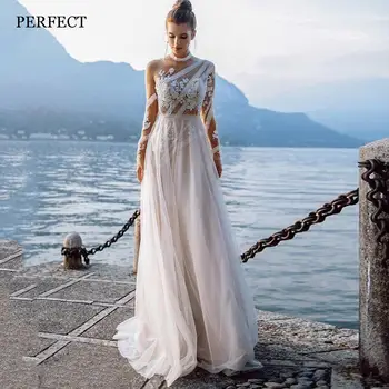 MÜKEMMEL Bohemian Yüksek Boyun düğün elbisesi Kadınlar İçin 2022 Uzun Kollu Dantel Aplikler A-Line gelinlikler Sweep Tren Custom Made