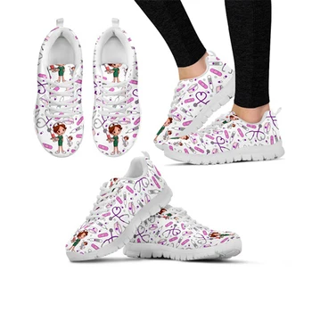 Karikatür Hemşire Kız Desen Kadın Flats Ayakkabı İlkbahar / Sonbahar Örgü Ayakkabı Kadınlar İçin Lace Up Sneakers Hemşirelik Kadın rahat ayakkabılar