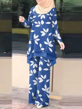 ZANZEA Moda Baskılı Uzun Kollu Bluz Pantolon Setleri Bahar Sonbahar Dubai Türkiye Abaya Başörtüsü Takım Elbise Büyük Boy kadın Eşofman