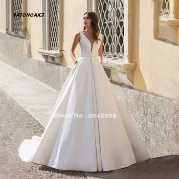 Robe De Mariée Basit Balo Derin V Yaka Saten düğün elbisesi Kolsuz Gelin Backless Cep Sweep Tren Vestidos De Noiva