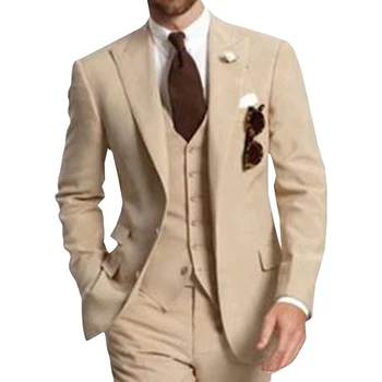 Erkek Takım Elbise Resmi iş elbisesi 3 Adet Çentik Yaka Katı Smokin En İyi Erkek Düğün Groomsmen (Blazer + yelek + Pantolon) bej Yeni