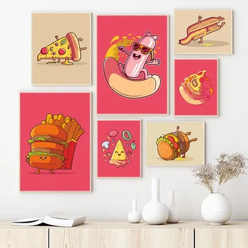 Burger Pizza Hot Dog Sörf Sanat Baskı Tuval Resimleri Komik Gıdalar Karikatür Posteri Restoran Mutfak Bar Dükkanı duvar tablosu Dekor