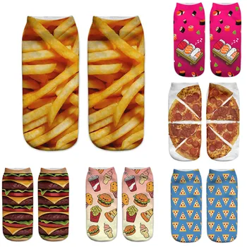 Kadın Çorap Komik Sevimli Karikatür Patates Burger Hot Dog Macaron Gıda Baskı Mutlu Japon Harajuku kaykay Kısa Ayak Bileği Çorap