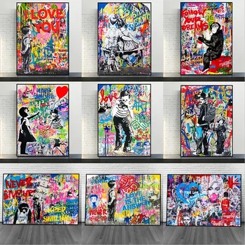 Banksy sanat tuval Boyama Pop Sokak Grafiti Posteri Çocuklar Aşk Duvar Sanatı Resimleri Baskılar Ev Oturma Odası Dekor Çerçevesiz