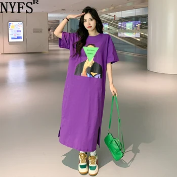 NYFS 2022 Yeni yaz elbisesi Kore Gevşek Saf Pamuk Baskı Kadın Elbise Vestidos Robe Elbise Moda Kısa Kollu Elbiseler