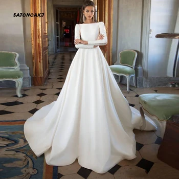 Vestidos De Novia Uzun Kollu Saten düğün elbisesi 2022 Kadınlar için Basit Backless Princesa gelinlikler Robe Mariage Custom Made