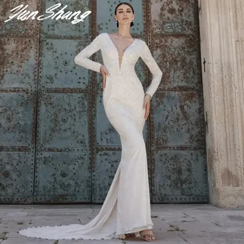 YunShang Seksi Mermaid düğün elbisesi Uzun Kollu Derin V Yaka Illusion gelin kıyafeti Zarif Dantel Aplikler Tren Vestidos De Noiva