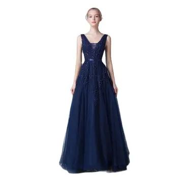 Custom Made Uzun Lacivert Gelinlik Modelleri Zarif Kadın Vestidos Aplikler Dantel Boncuk Düğün Parti Elbise Tül Balo Elbise