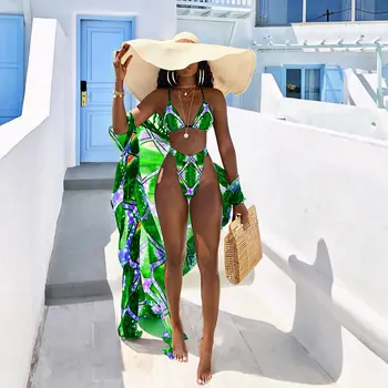 Yaz Seksi Mayo Kapak Ups Kadınlar İçin Baskı 3 Parça bikini seti Spagetti Kayışı Kırpma Üst Beachwear Kıyafetler Eşleşen Seti