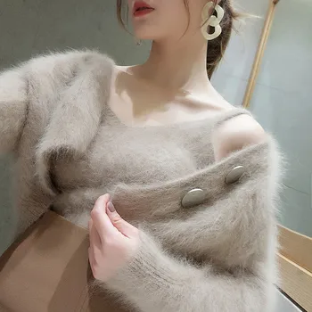 Moda Kadın Sonbahar Taklit Vizon Polar Kazak Seksi İki Adet Uzun Kollu İnce Örgü Üst Camiş ve Kısa Hırka Setleri Triko