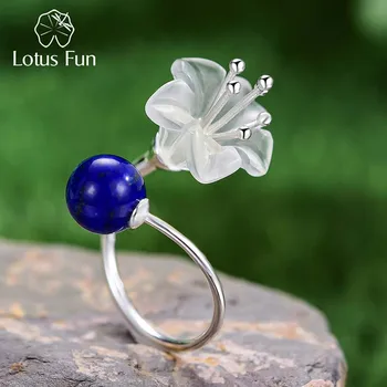 Lotus Eğlenceli Gerçek 925 Ayar Gümüş Doğal Kristal Lapis Taş El Yapımı Güzel Takı Güzel Çiçek Ayarlanabilir Yüzükler Kadınlar için Hediye
