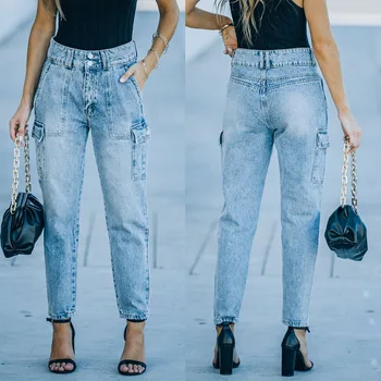 Vintage Çok cep Kargo Kot Bahar Kadın Moda Çift Düğme Yüksek Bel Düz Kot Kadın Rahat Gevşek Denim Pantolon