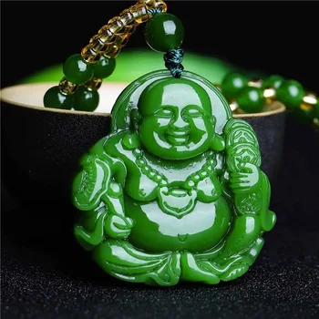 Çin Yeşil Yeşim Maitreya Buda Kolye kolye Jadeite Takı Oyma Muska Moda Aksesuarları Hediyeler için Kadın Erkek