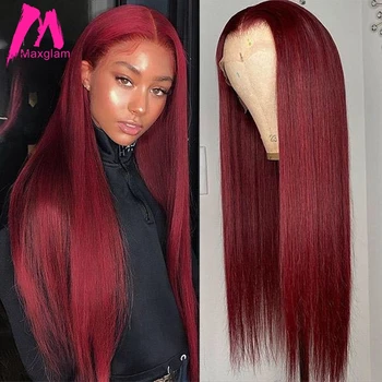99J Bordo Dantel ön peruk Brezilyalı düz insan saçı Peruk Kırmızı Renkli Hd Şeffaf Remy Doğal 30 İnç Uzun T Parça Peruk