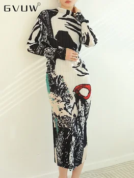 GVUW Zebra Baskı Pilili Elbise Kadın balıkçı Yaka Uzun İnce Elbiseler 25D1044 2023 Sonbahar Yaz Şık Giyim Kollu 