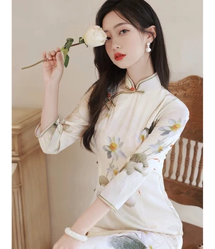 Sonbahar Bej Süet Cheongsam Lotus Baskı Uzun Kollu Vintage Elbise Kadın Kostümleri Zarif Uzun Qipao S XXL