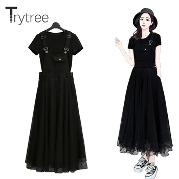 Trytree Yaz Kadın Iki Parçalı Set Rahat O-Boyun Pamuk Karışımlı Siyah Tops + askı elbise Cep Örgü A-line Katı 2 Parça Takım Elbise