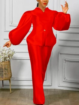 Zarif Moda Kırmızı 2 Parça Kıyafetler Sparkly Afrika Elbiseler Kadın Kabarık Uzun Kollu Üstleri Geniş Bacak pantolon seti Noel Akşam