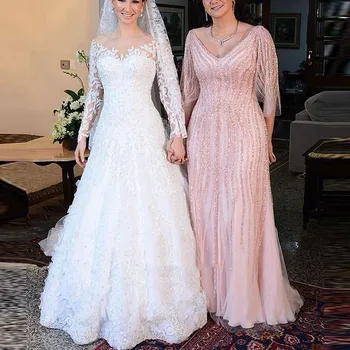 Şeffaf Şal Uzun Parlak Dantel Boncuk Anne gelinlik Derin V Yaka Zarif Örgün Düğün Parti Elbise Custom Made