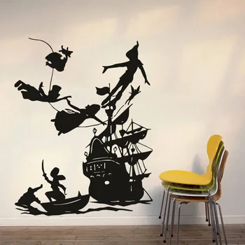 Peter Pan Korsanlar Gemi Duvar Çıkartmaları Çocuk odası Dekorasyon için Çocuk rüya Karikatür vinil duvar Sticker su geçirmez Ev sanat dekoru 4250