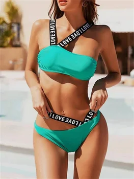 Bikini 2022 Seksi Yeşil Yüksek Kaliteli Mayo Mayo Kadınlar Mektup Bandaj Bikini Set Mayo Plaj Bikini Kadın Push Up