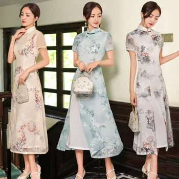 2022 İlkbahar Yaz Yeni Cheongsam Elbise Uzun Etek Moda Kız Şifon İşlemeli Çin Tarzı kadın giyim Qipao