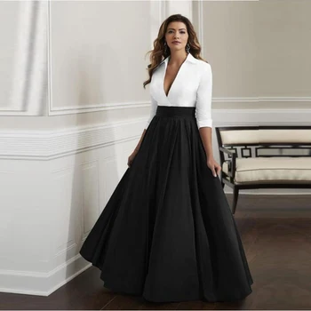 Muhteşem Bir Çizgi Beyaz ve Siyah Yüksek Yaka Üç Çeyrek Kollu anne Gelin Elbiseler V Boyun Düğün Parti Törenlerinde 2022