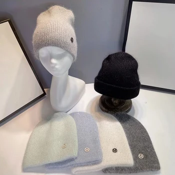 2022Angora Tavşan Kürk Kış Kadın Şapka Kaşmir Skullies Beanies Yumuşak Katı Sıcak Kabarık Kalın Sequins Örme Şapka Hediye Toptan