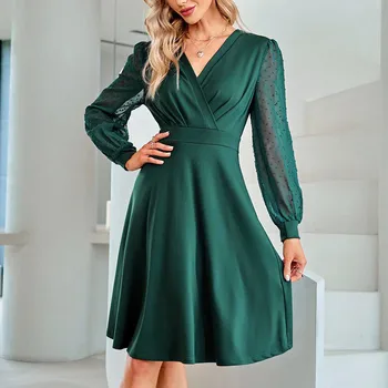 Bayanlar Zümrüt Yeşil Çay Akşam Parti Elbise Kadın V Boyun Uzun Kollu Bir Çizgi elbise Katı Jakarlı Rahat Resmi Midi Elbise